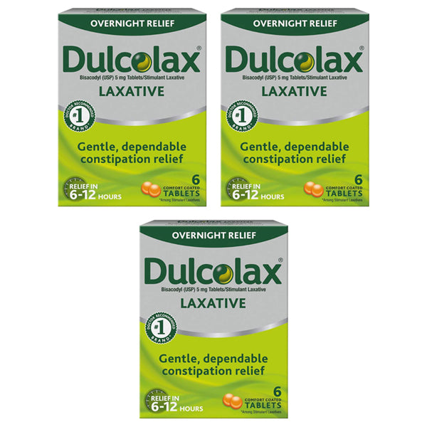 Three boxes of Dulcolax Stimulant Laxative Tablets, 6 count each, are shown. The packaging highlights gentle overnight constipation relief within 6-12 hours from the trusted brand Dulcolax.